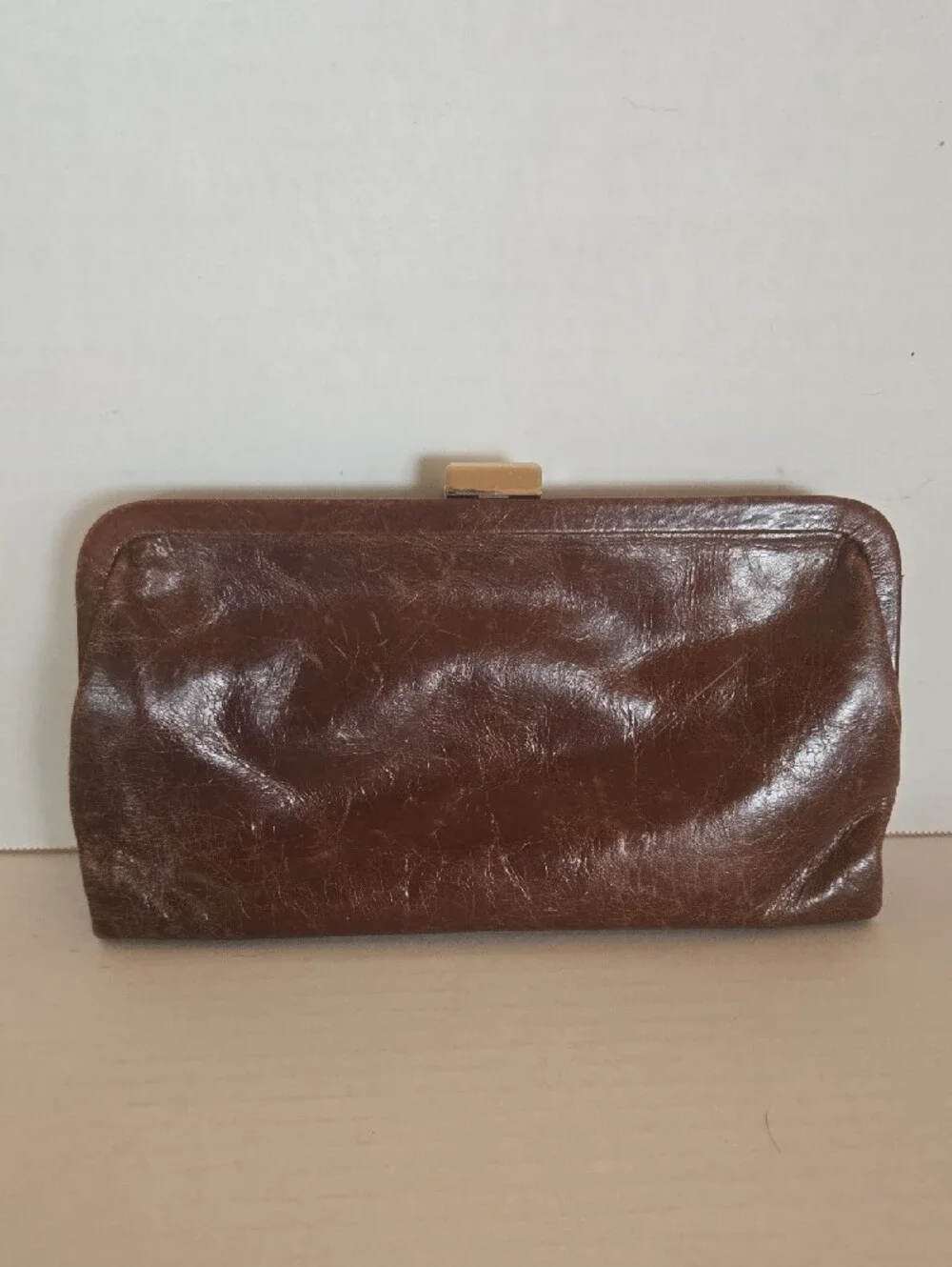 Vintage Latico NJ USA Brown Genuine Leather Clutch Purse Gold Clasp